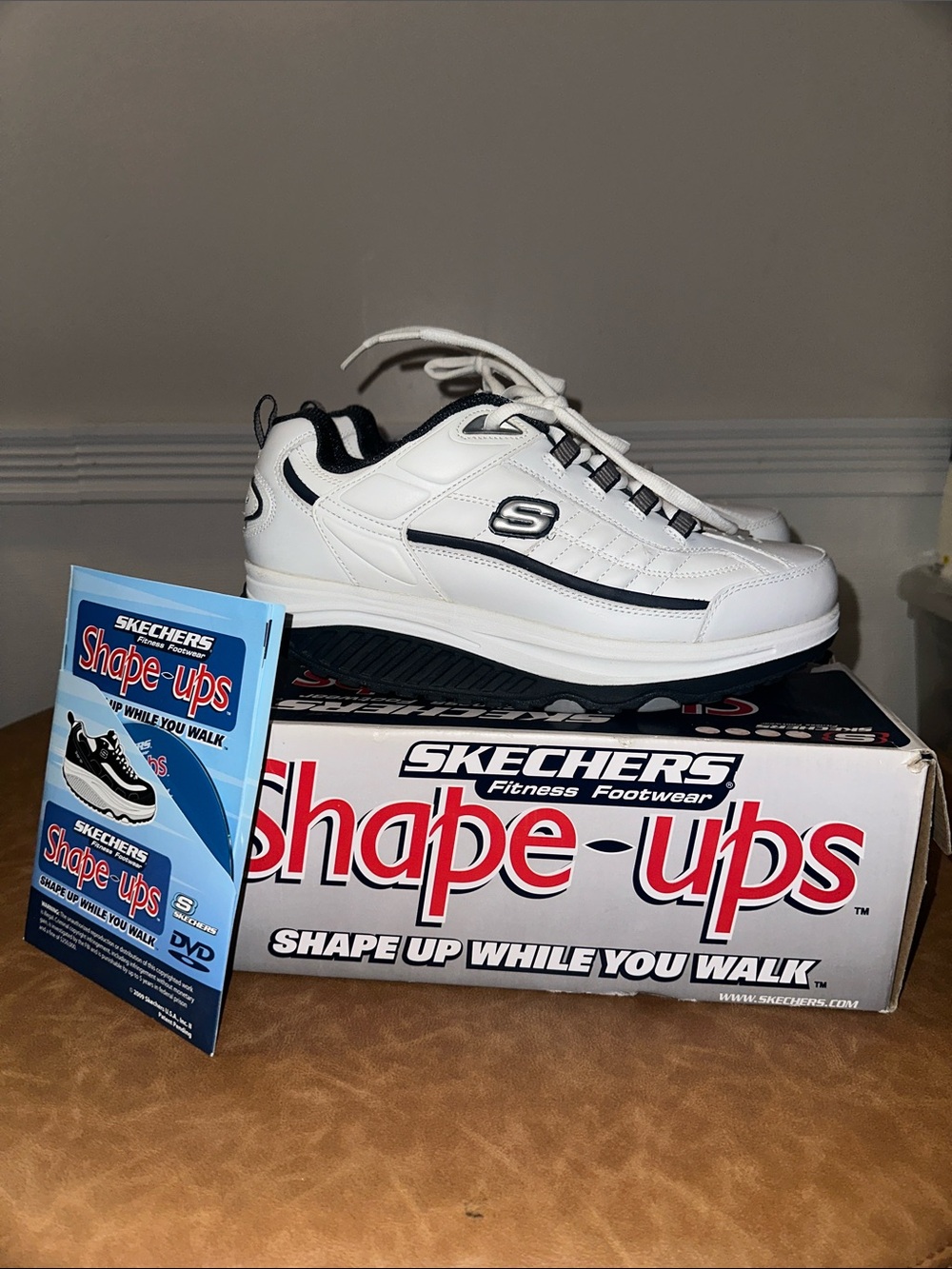 Skechers White and Navy Shape-ups Athletic Sneakers